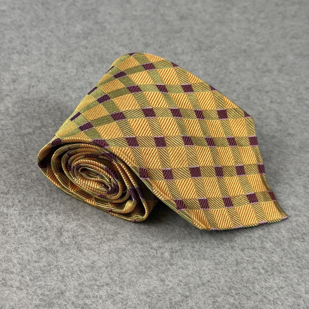 Vintage Garrick Anderson Silk Tie USA Gold Green Geometric Handmade 58 X 4"‎
